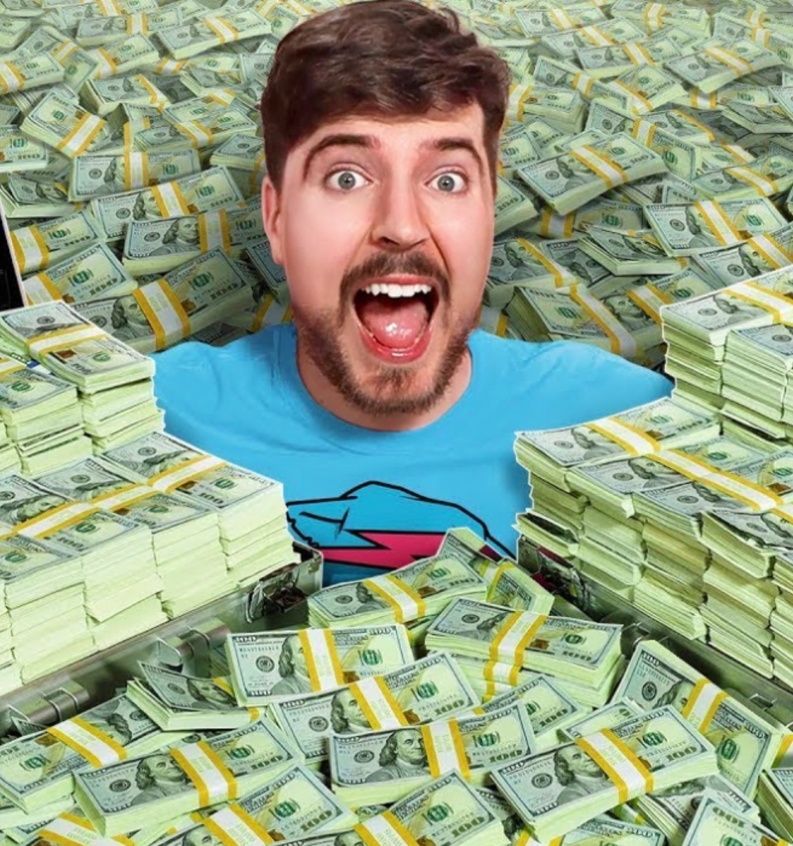 A man wearing a bright blue shirt with a logo is surrounded by towering stacks of U.S. dollar bills. He has an ecstatic expression as he appears to be emerging from a massive pile of cash.